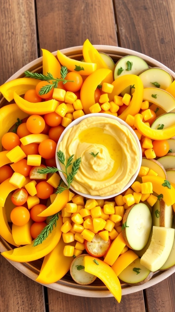 A colorful yellow vegetable appetizer platter with bell peppers, cherry tomatoes, corn, and squash, served with hummus on a wooden table.